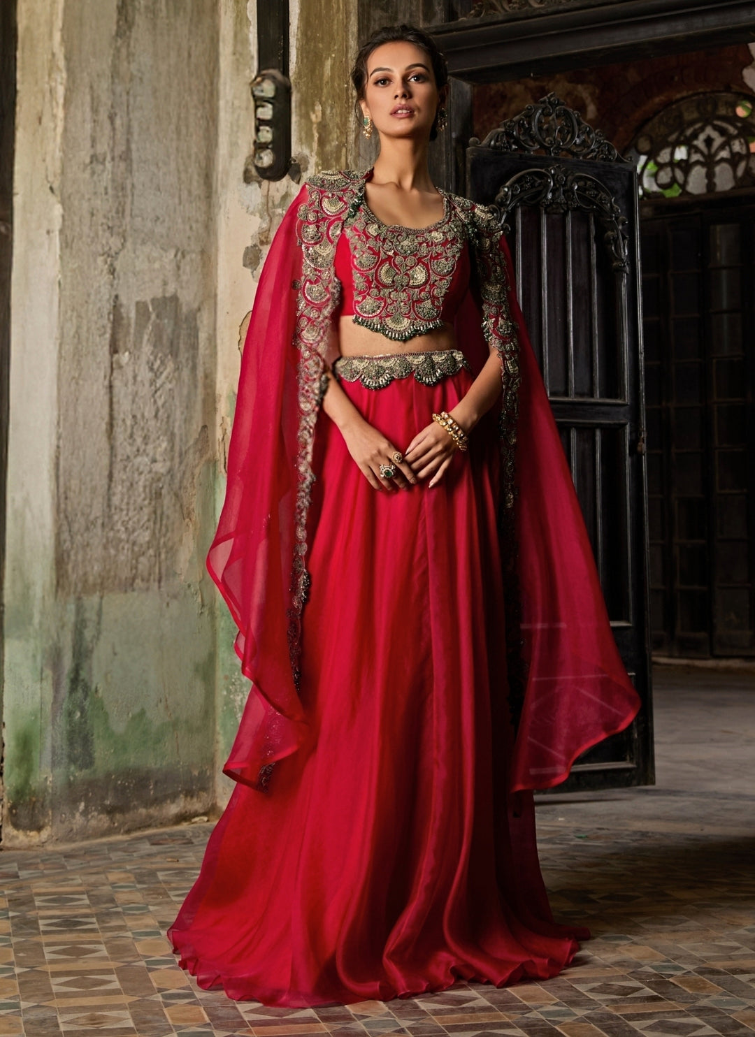 Red Organza Lehenga Set With Cape