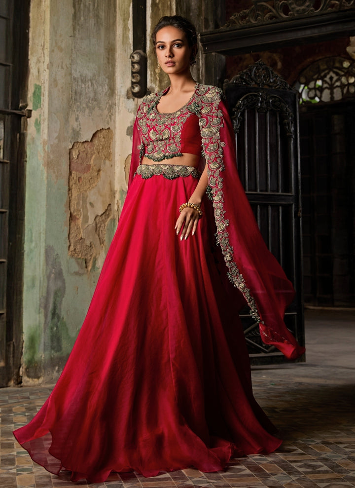 Red Organza Lehenga Set With Cape