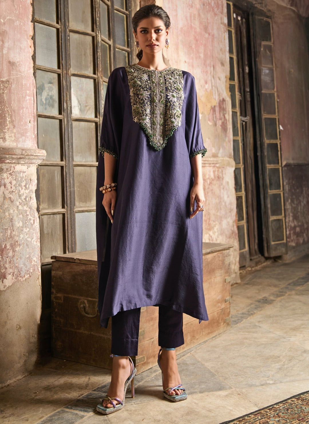Blue Embroidered Silk Kaftan Pants Set