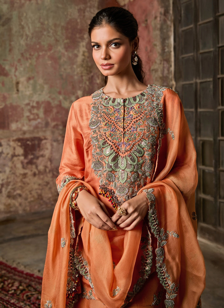 Rust Orange Silk Kurta Sharara Set