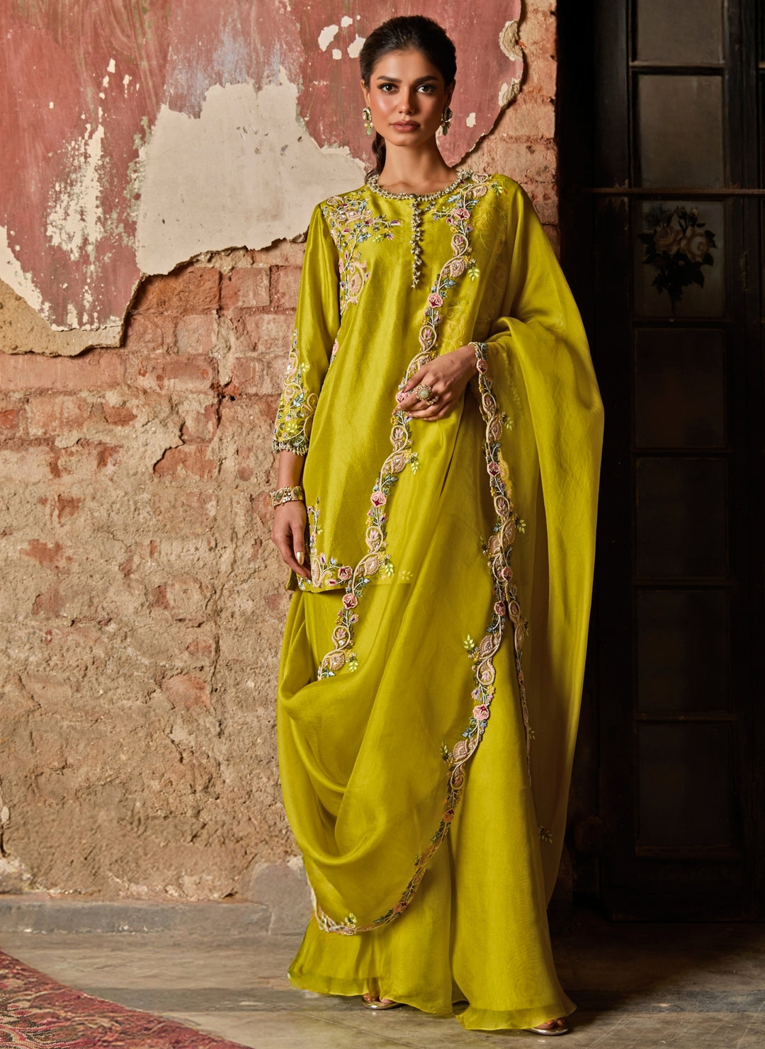 Lime Green Silk Kurta Sharara Set