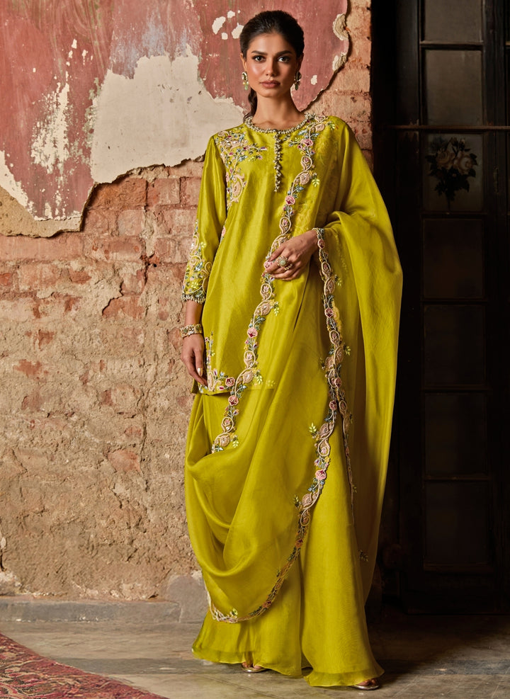 Lime Green Silk Kurta Sharara Set