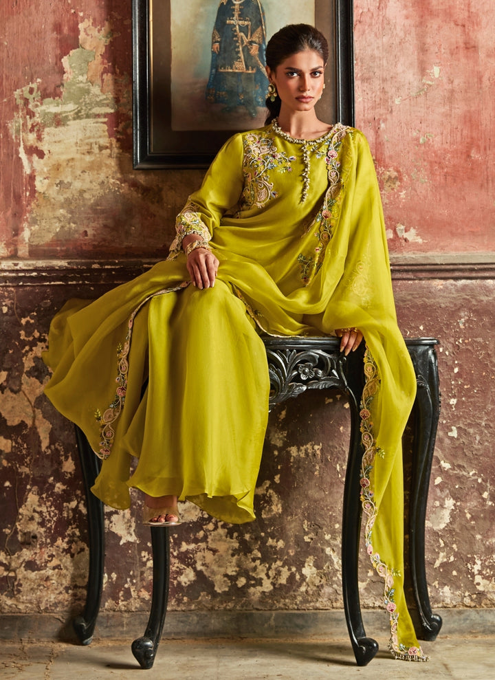 Lime Green Silk Kurta Sharara Set