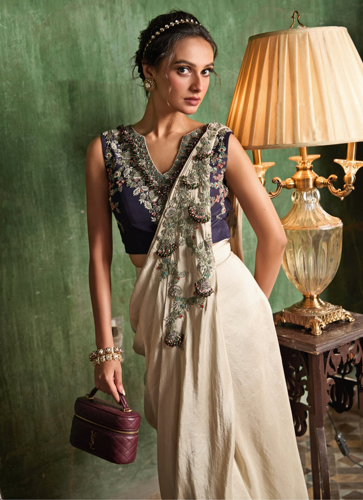 Beige And Blue Silk Pre-Draped Concept Saree