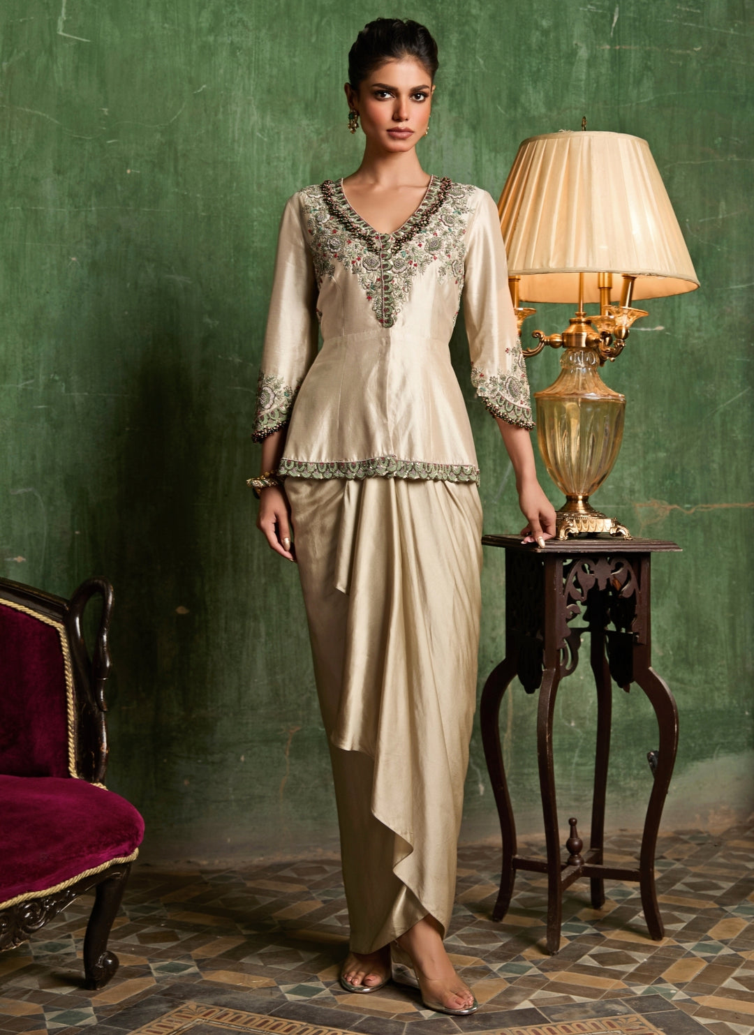 Beige Satin Drape Skirt Set With Peplum Top