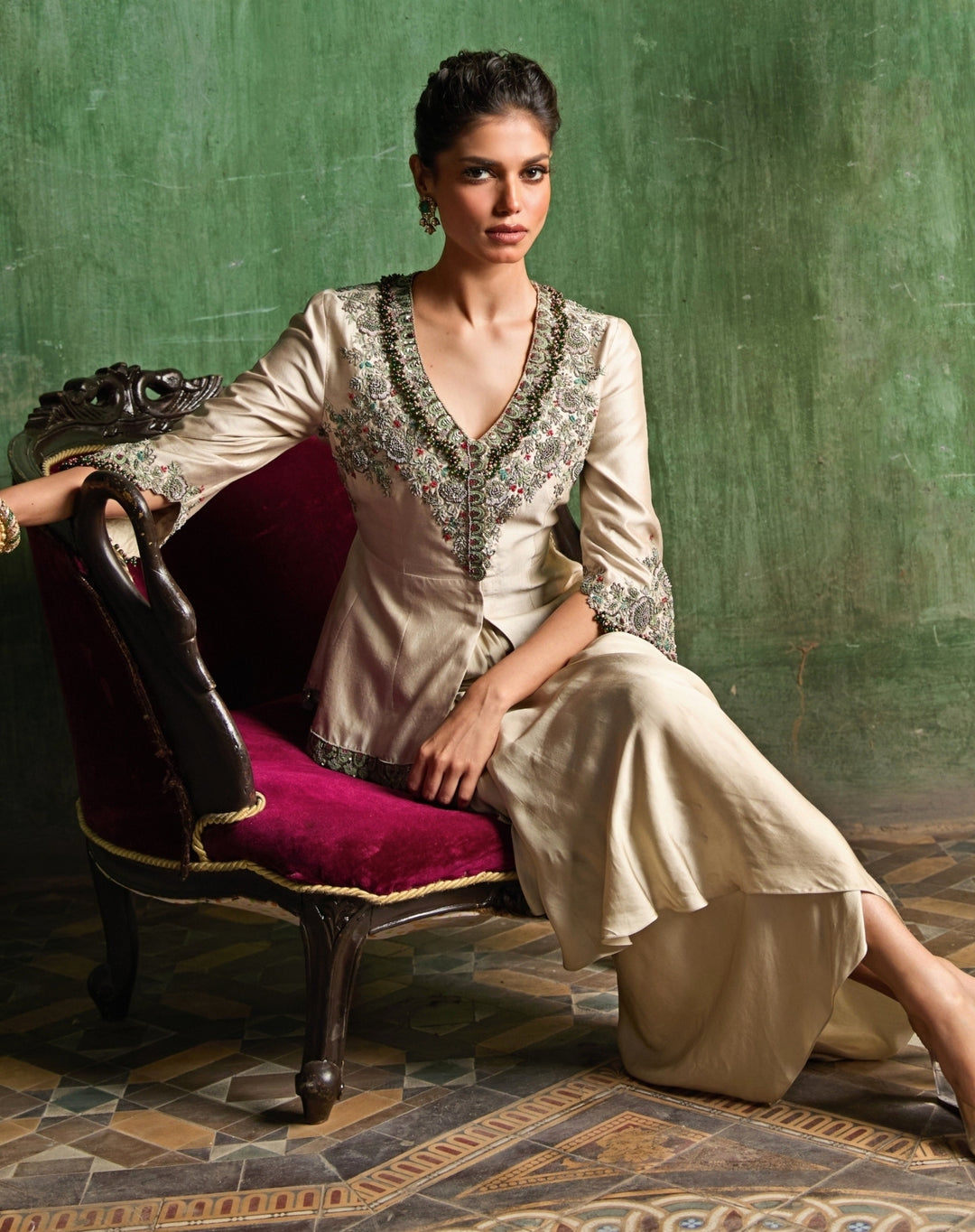 Beige Satin Drape Skirt Set With Peplum Top