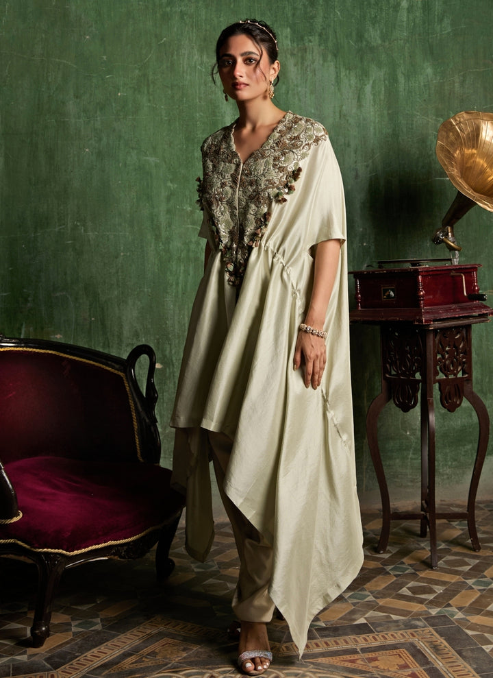 Beige Silk Kaftan Pants Set