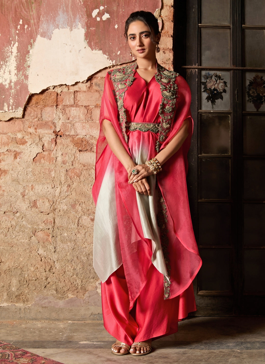 Deep Peach Ombre Kurta Pants Set With Cape