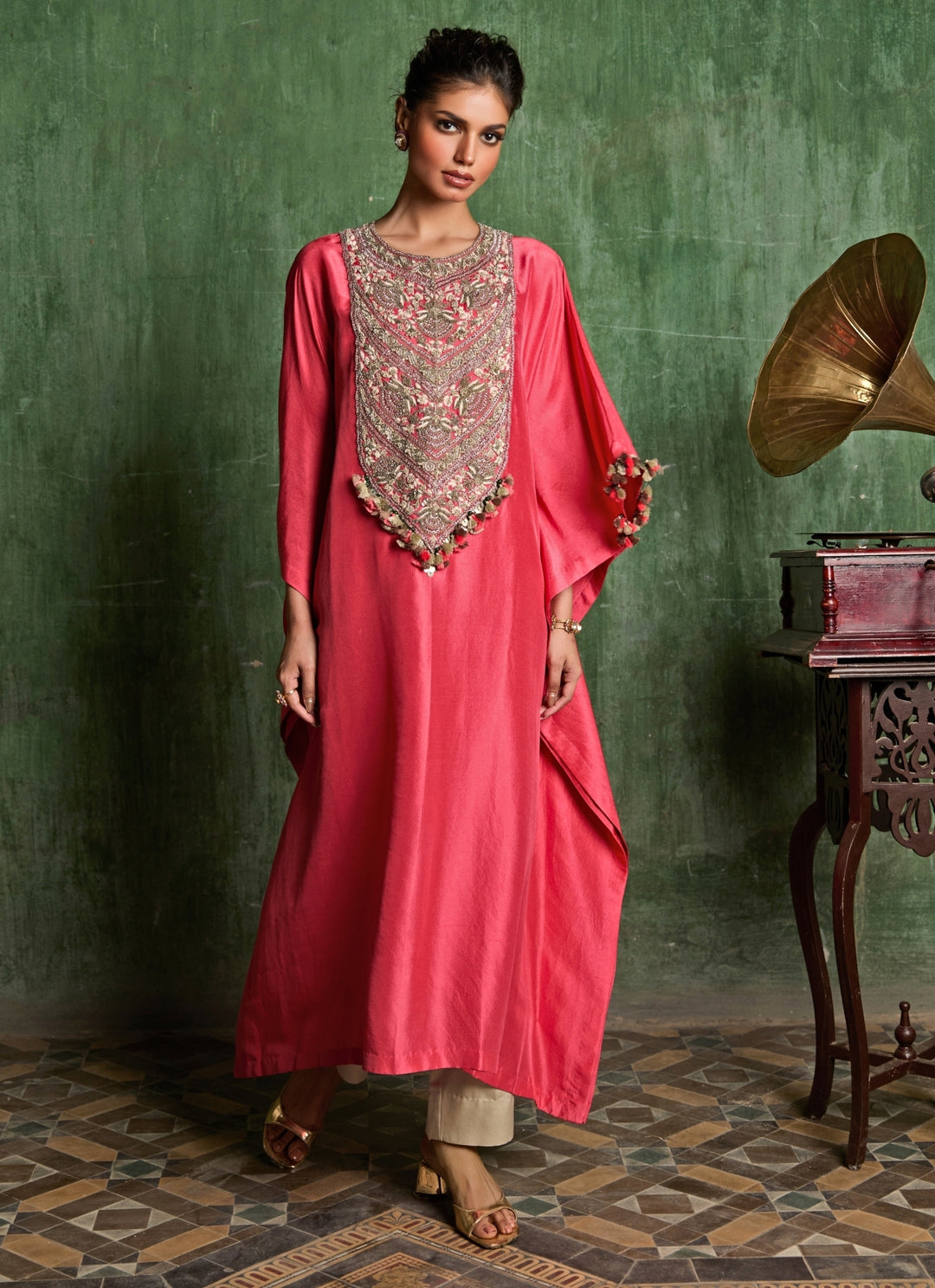 Deep Peach Embroidered Silk Kaftan Pants Set