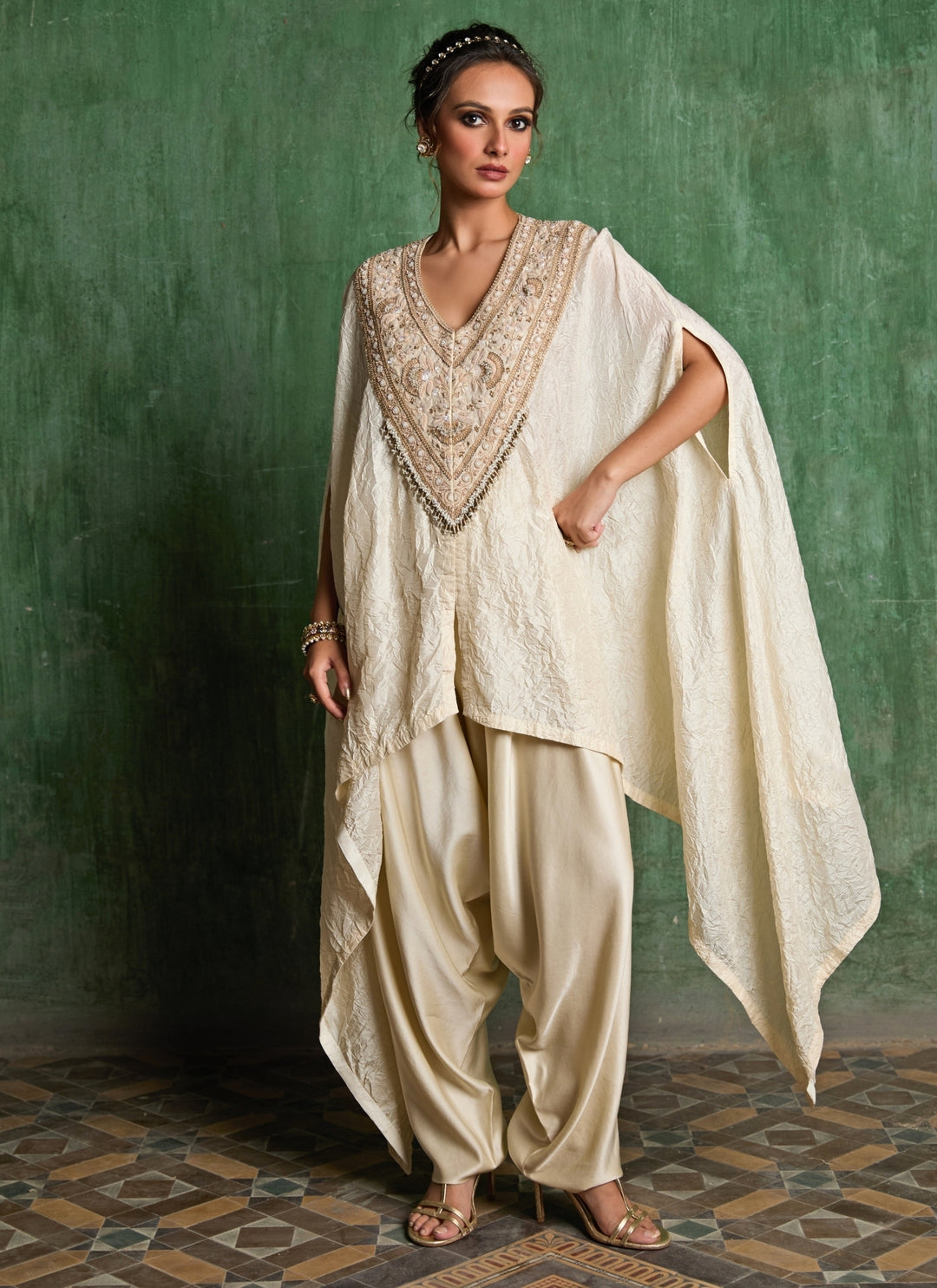 Ivory Embroidered Silk Kaftan Pants Set