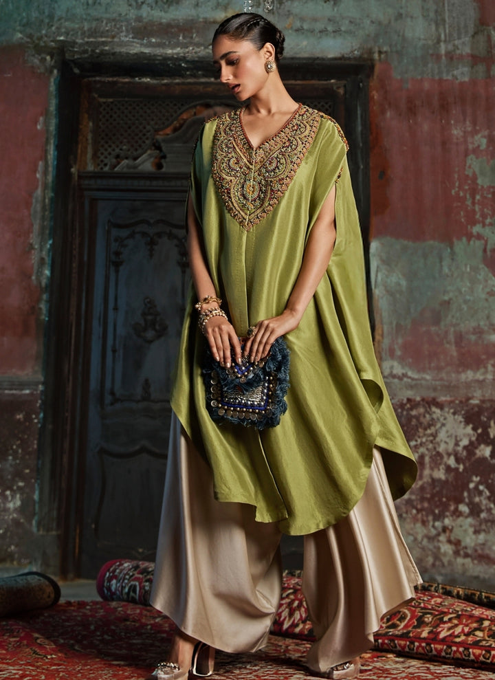Green And Beige Silk Kaftan Pants Set