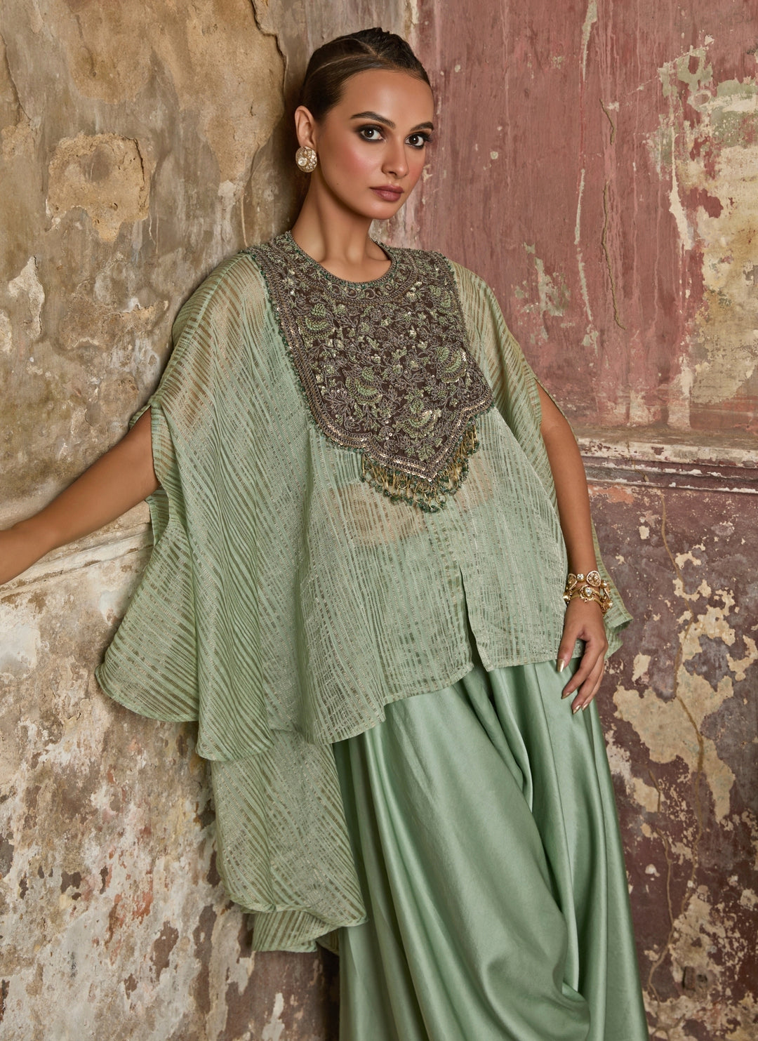 Sage Green Tissue Kaftan Pants Set