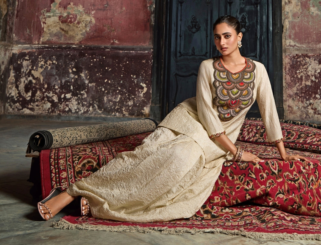 Ivory Crushed Silk Kurta Skirt Set