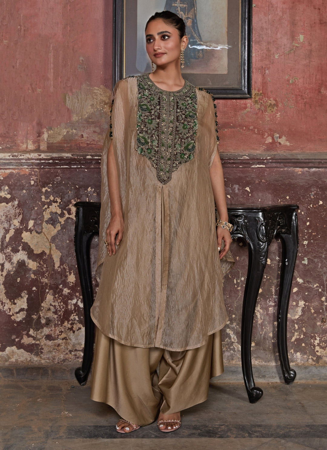 Champagne Gold Crushed Silk Kaftan Pants Set