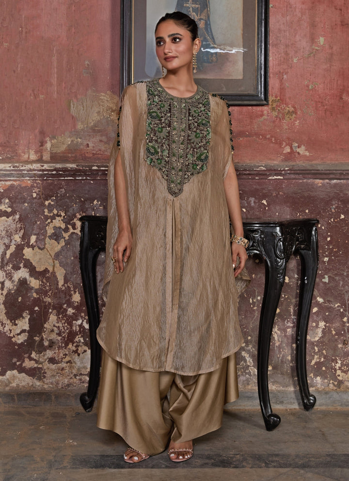 Champagne Gold Crushed Silk Kaftan Pants Set