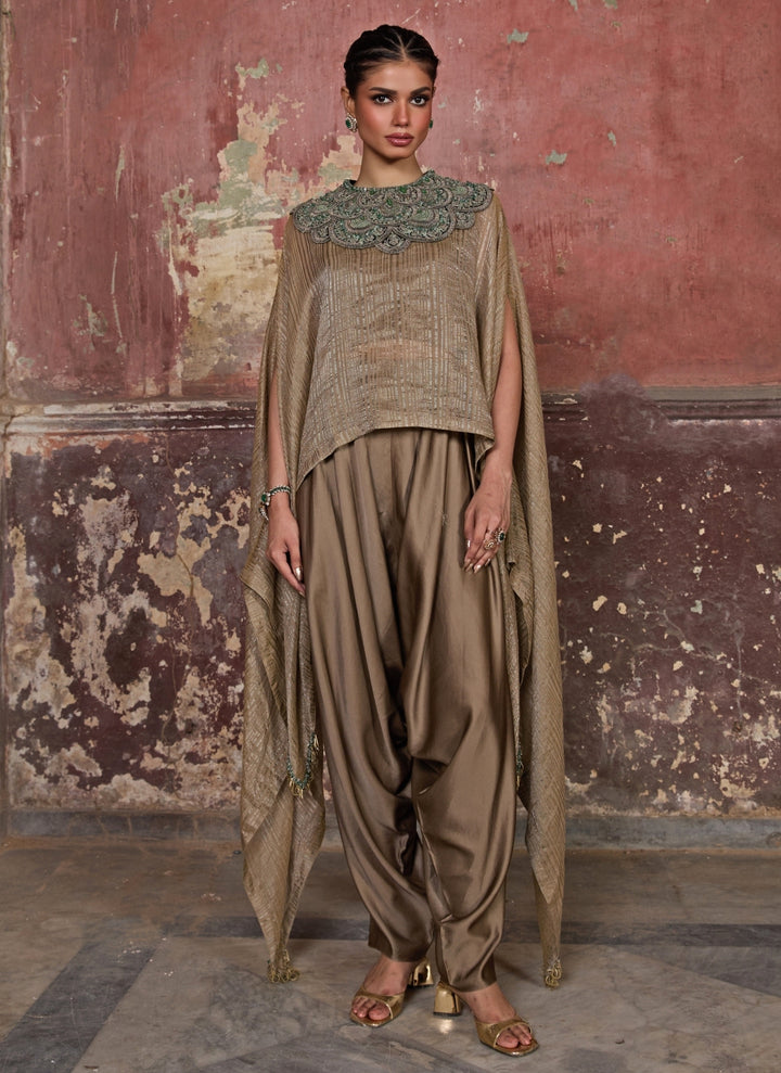 Champagne Gold Tissue Kaftan Top With Pants Set