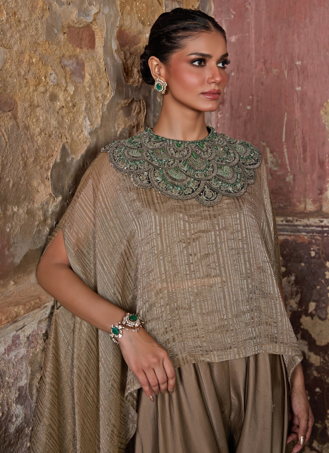 Champagne Gold Tissue Kaftan Top With Pants Set