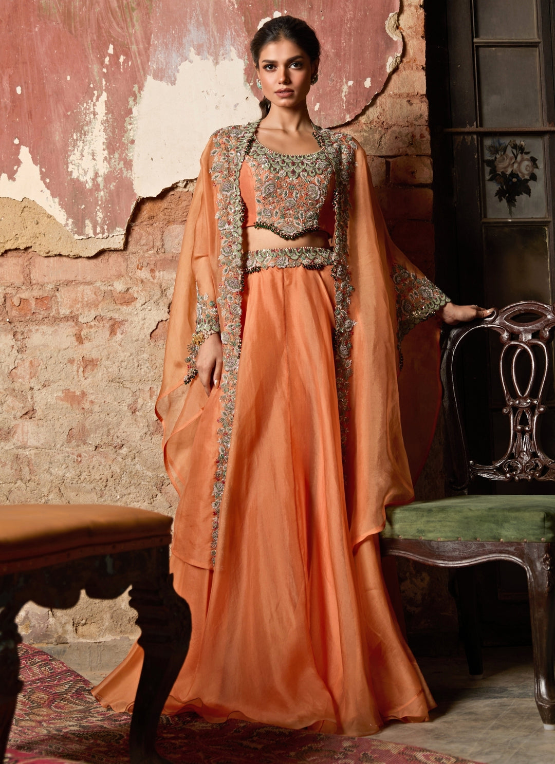 Rust Orange Organza Lehenga With Cape