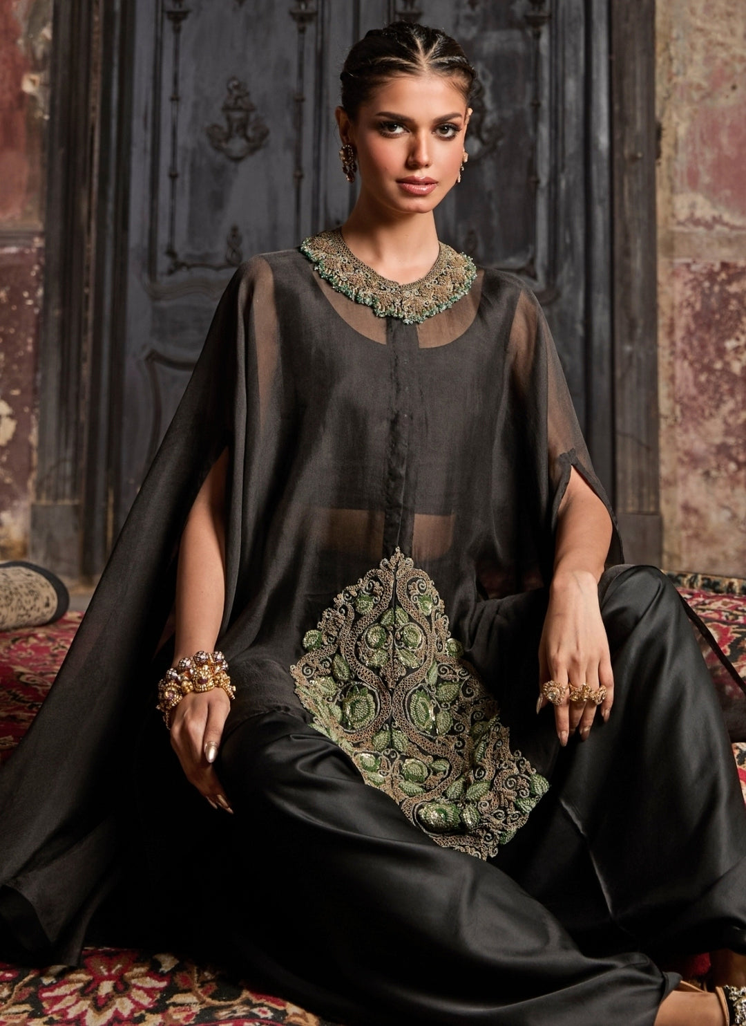 Black Organza Kaftan Pants Set