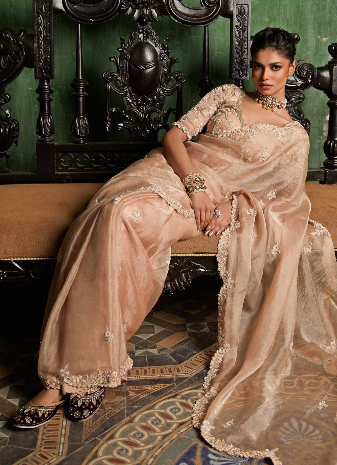 Peach Embroidered Tissue Saree