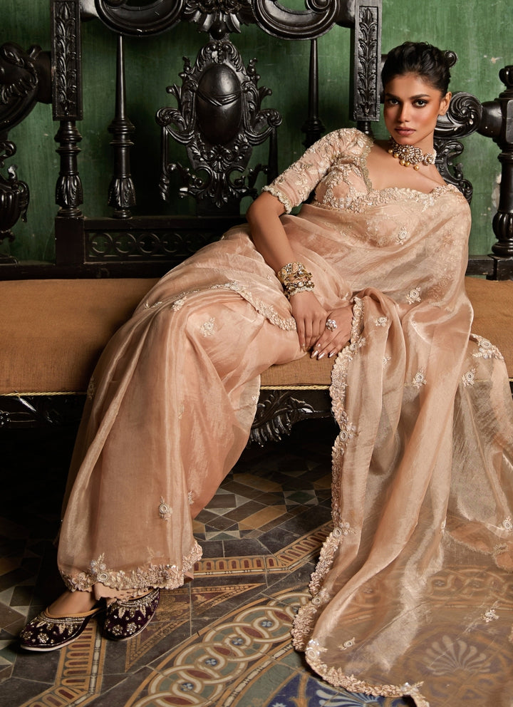Peach Embroidered Tissue Saree