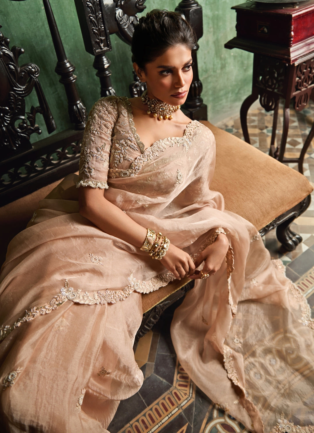 Peach Embroidered Tissue Saree