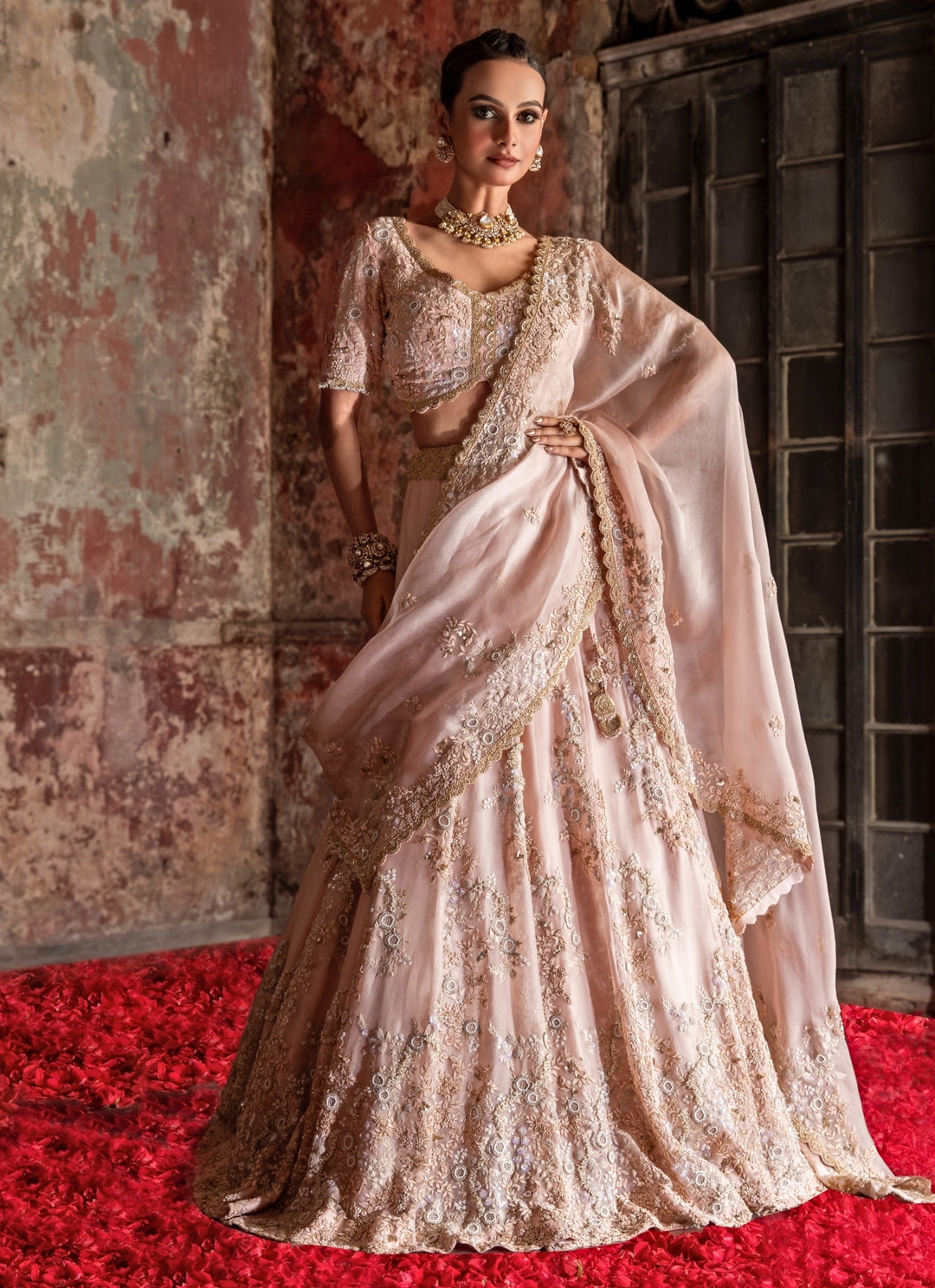 Pastel Pink Embroidered Organza Lehenga Set