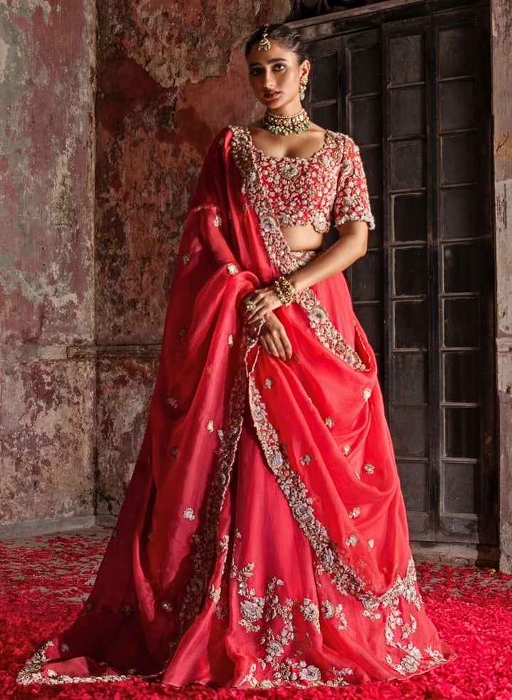 Coral Peach Embroidered Organza Lehenga Set