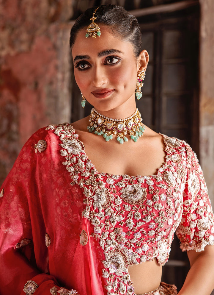 Coral Peach Embroidered Organza Lehenga Set