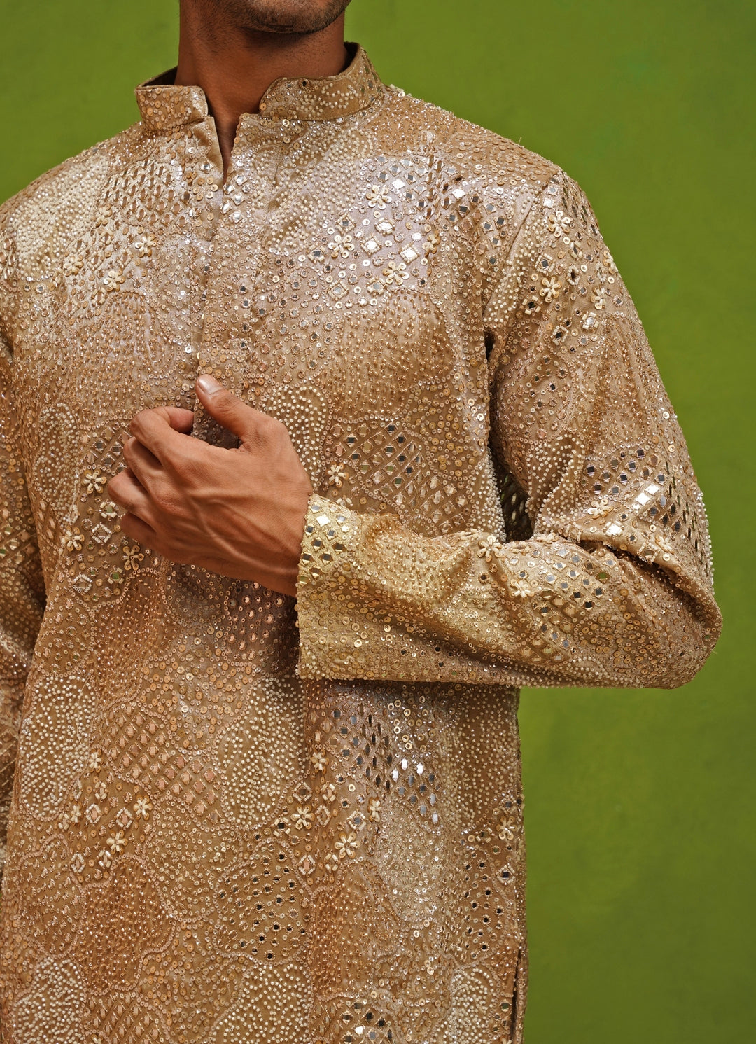 Beige Tissue Silk Short Kurta Pants Set