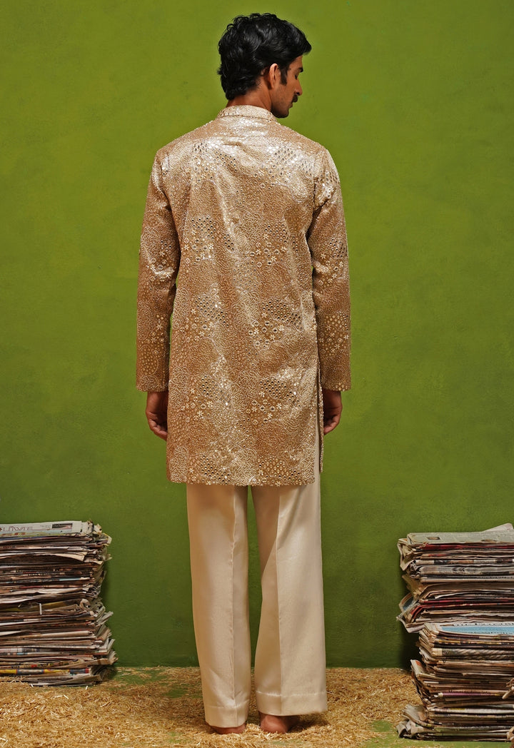 Beige Tissue Silk Short Kurta Pants Set