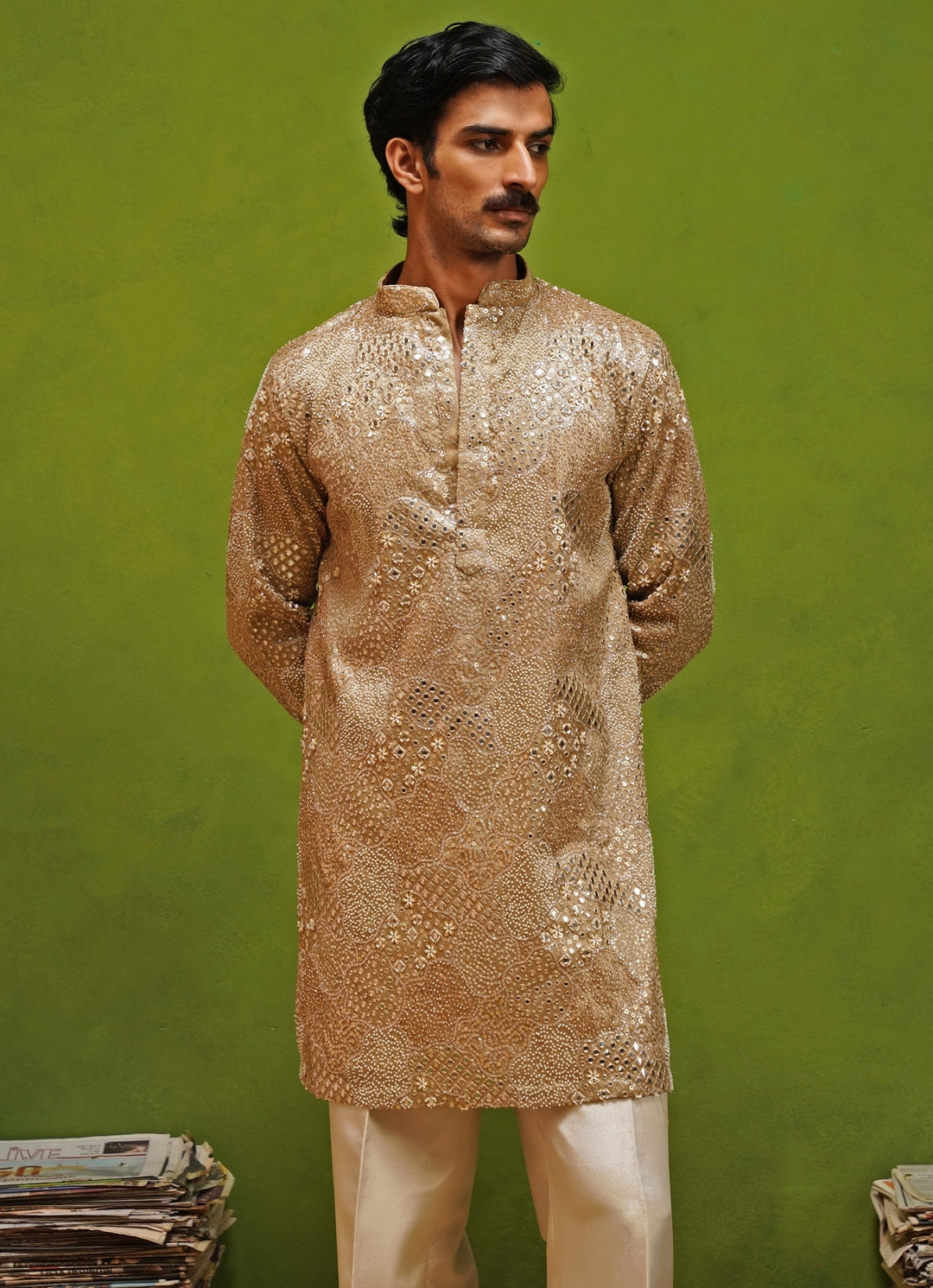 Beige Tissue Silk Short Kurta Pants Set