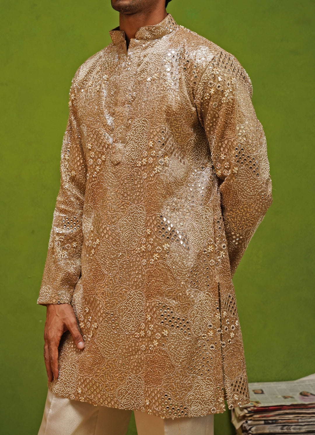 Beige Tissue Silk Short Kurta Pants Set