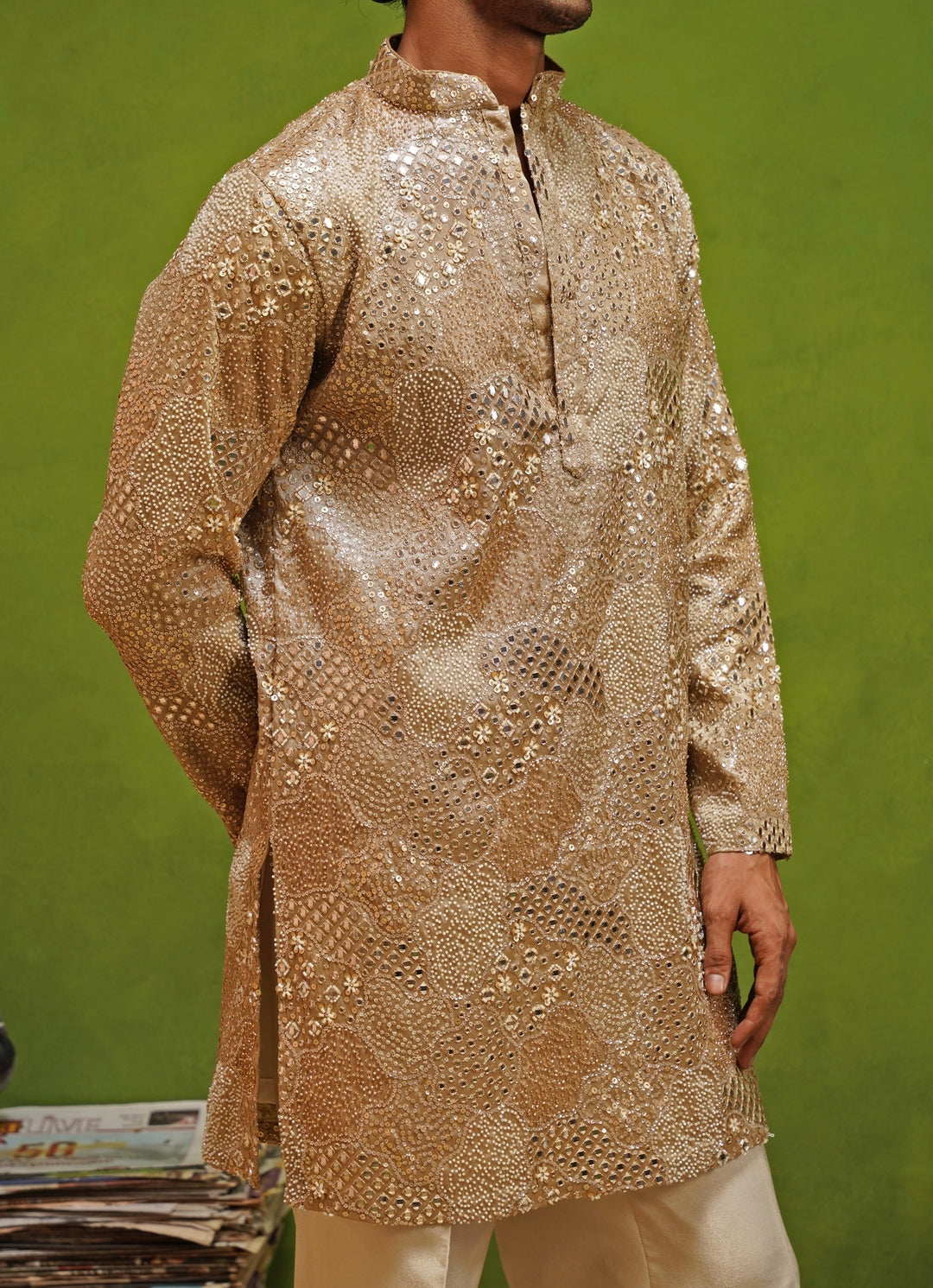 Beige Tissue Silk Short Kurta Pants Set