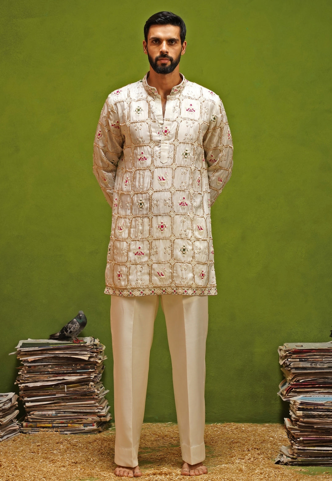 Ivory Tissue Silk Short Kurta Pants Set