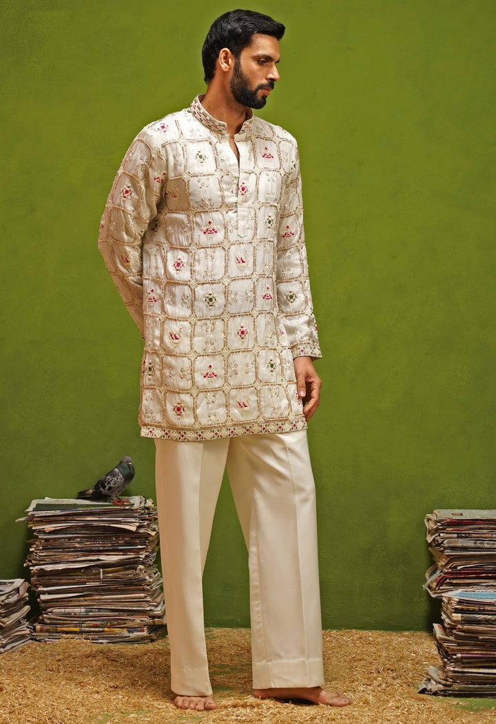 Ivory Tissue Silk Short Kurta Pants Set