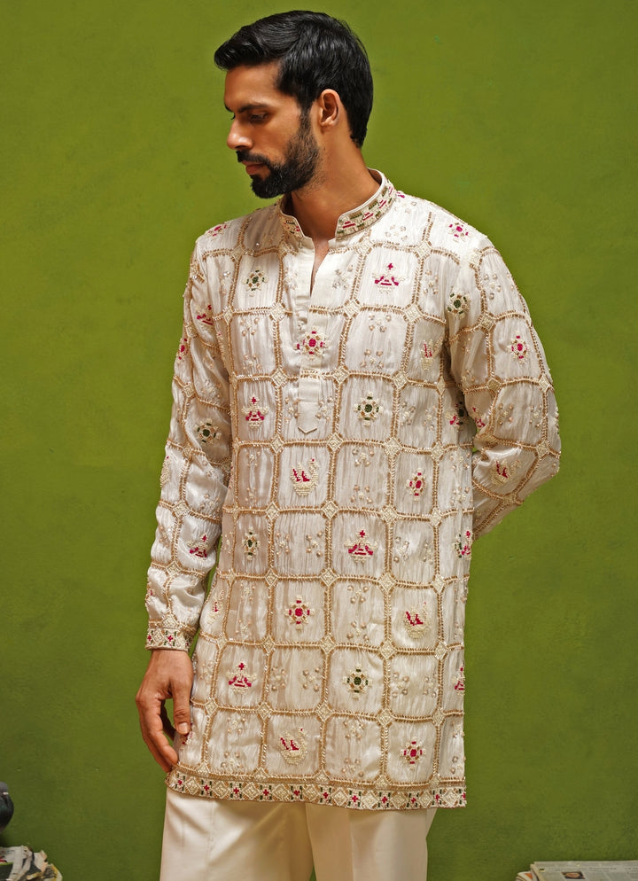 Ivory Tissue Silk Short Kurta Pants Set
