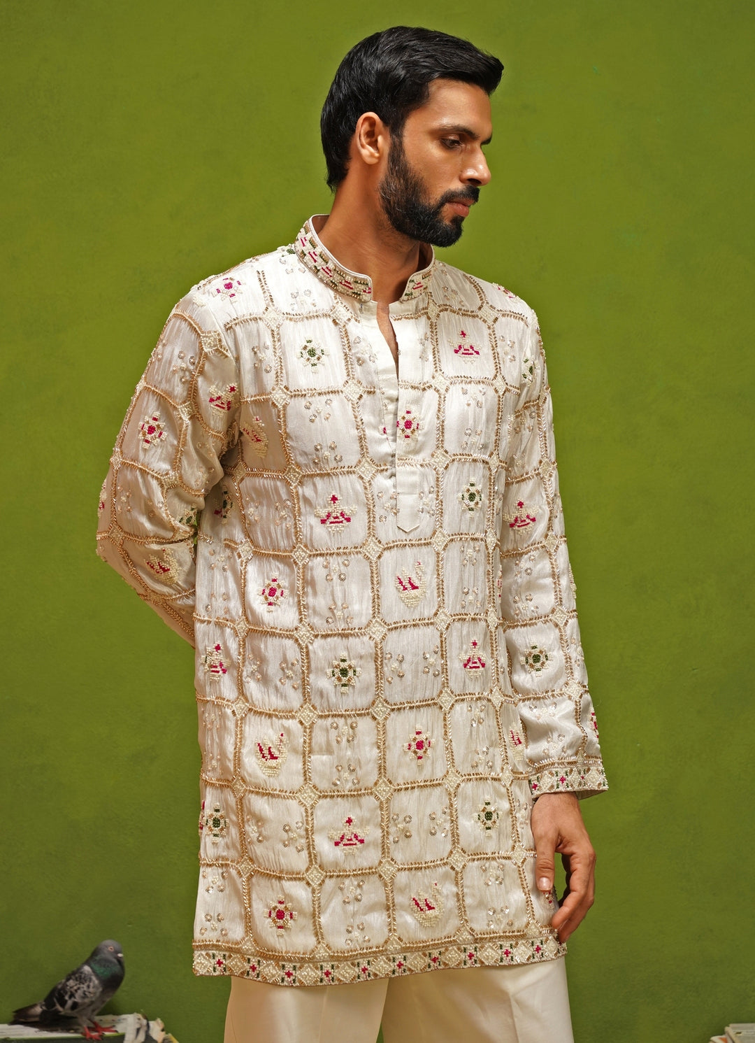 Ivory Tissue Silk Short Kurta Pants Set