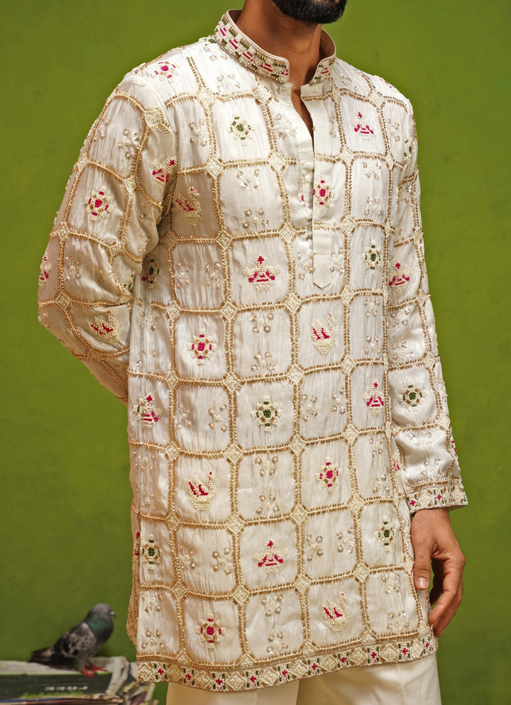Ivory Tissue Silk Short Kurta Pants Set