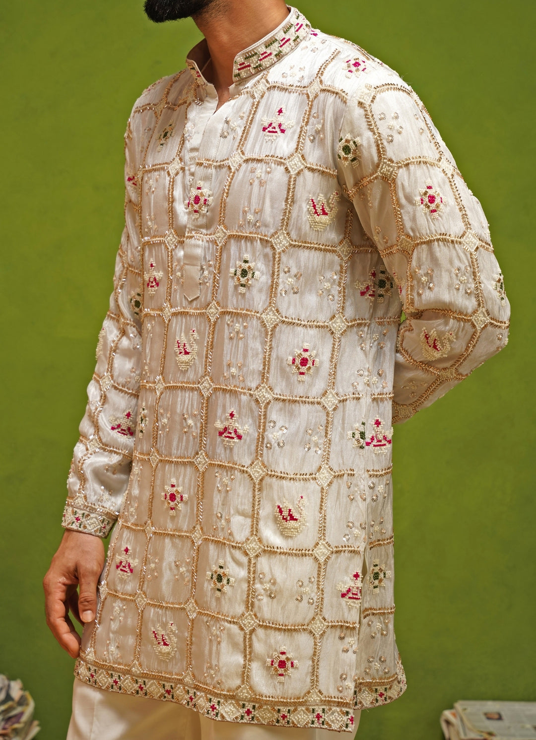 Ivory Tissue Silk Short Kurta Pants Set