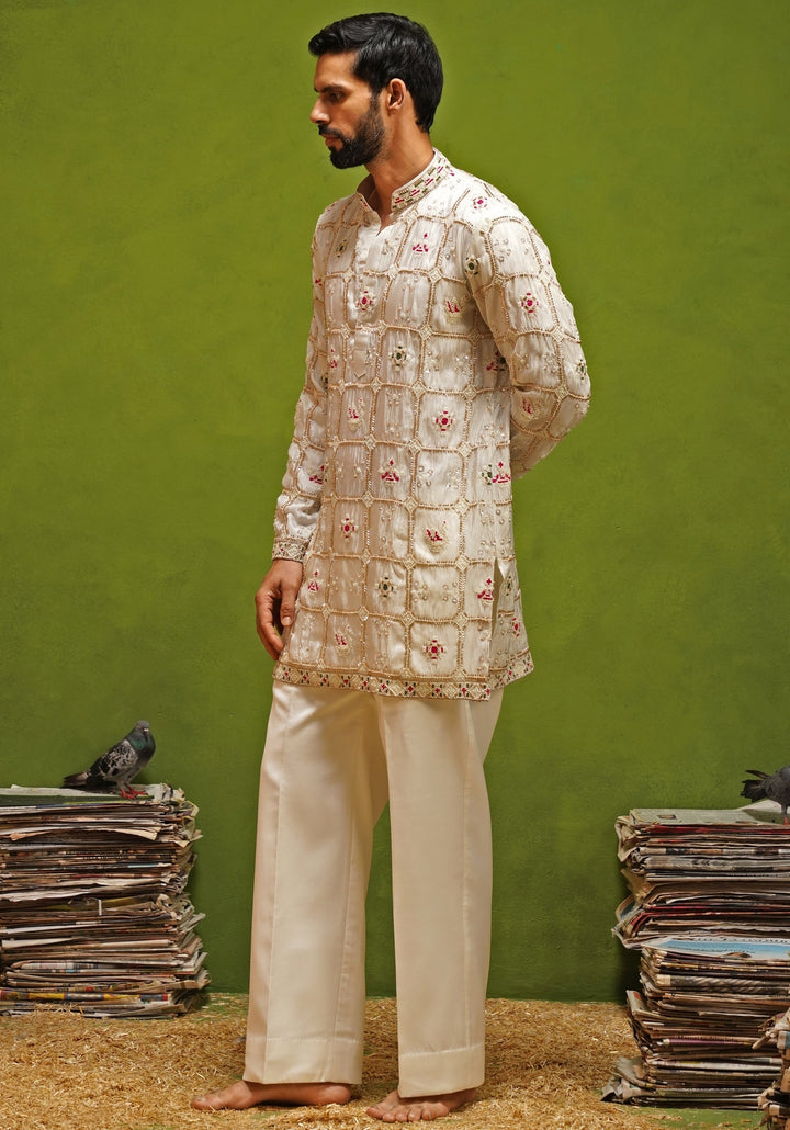 Ivory Tissue Silk Short Kurta Pants Set