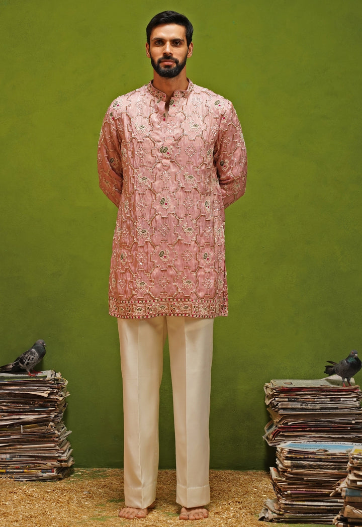 Pink Tissue Silk Short Kurta Pants Set