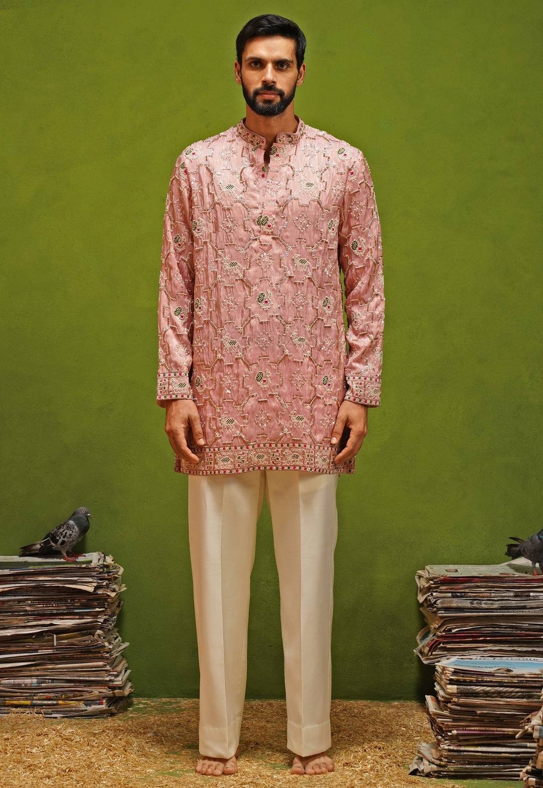 Pink Tissue Silk Short Kurta Pants Set