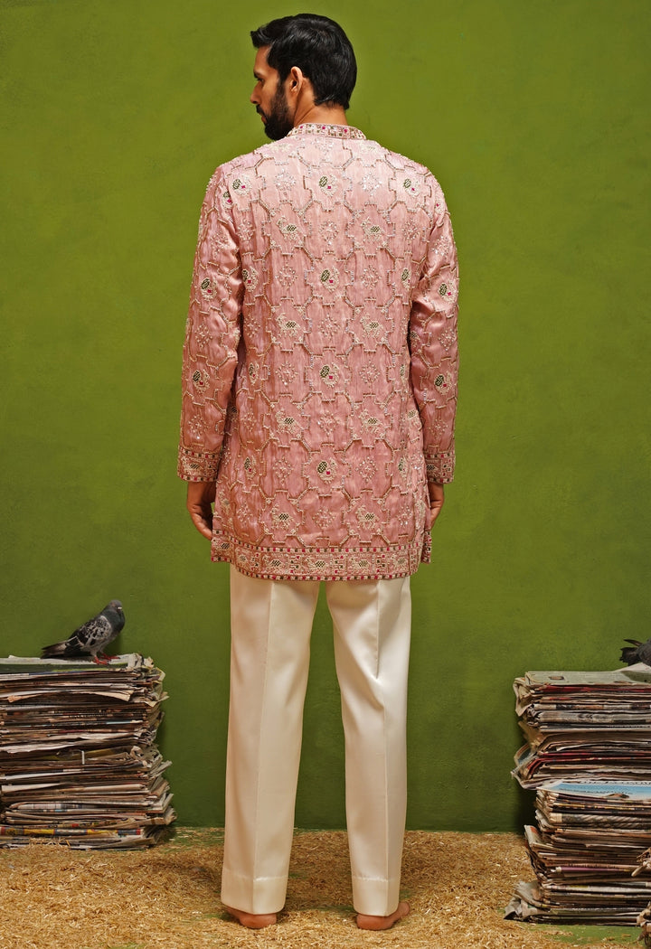 Pink Tissue Silk Short Kurta Pants Set