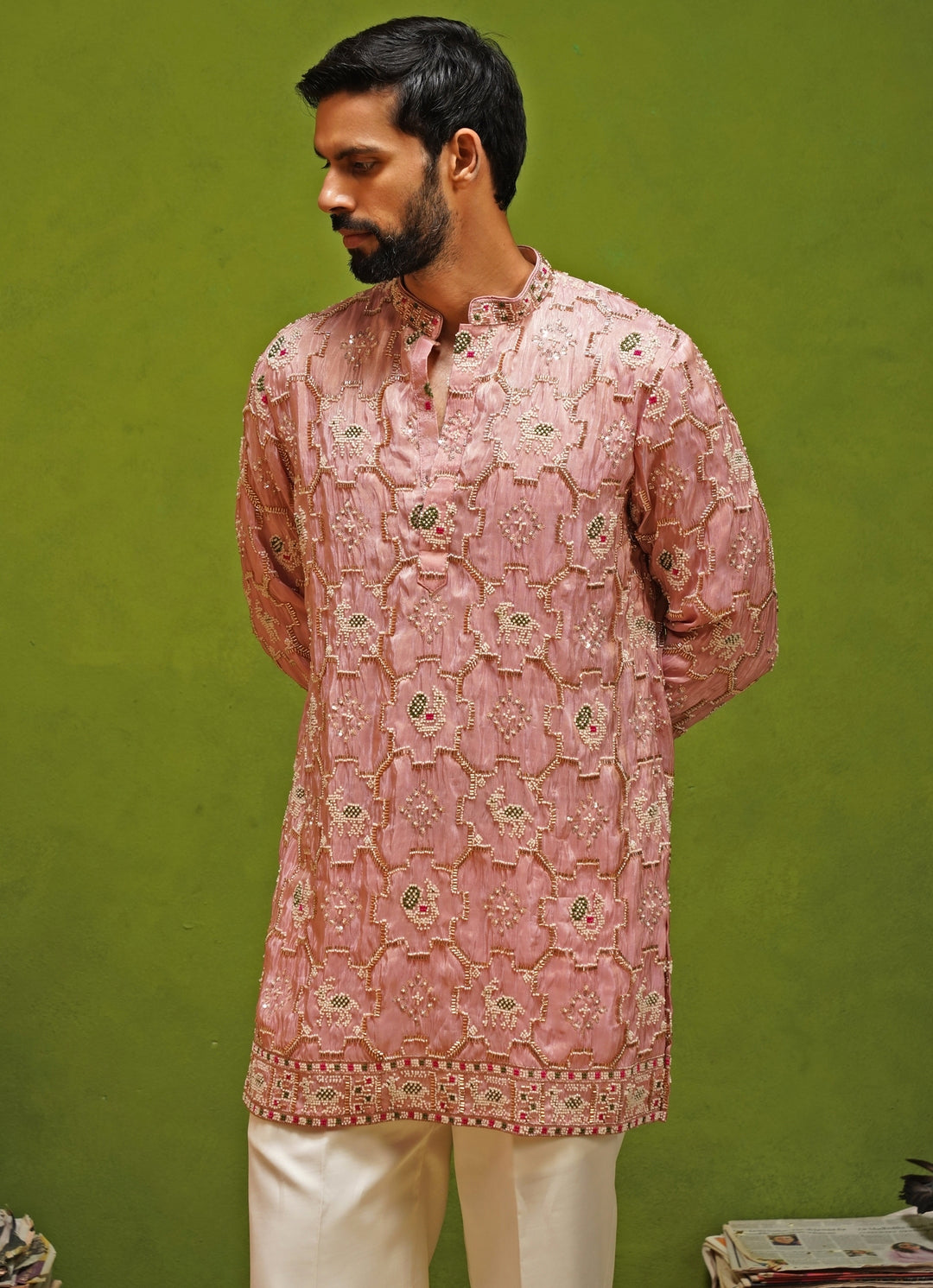 Pink Tissue Silk Short Kurta Pants Set