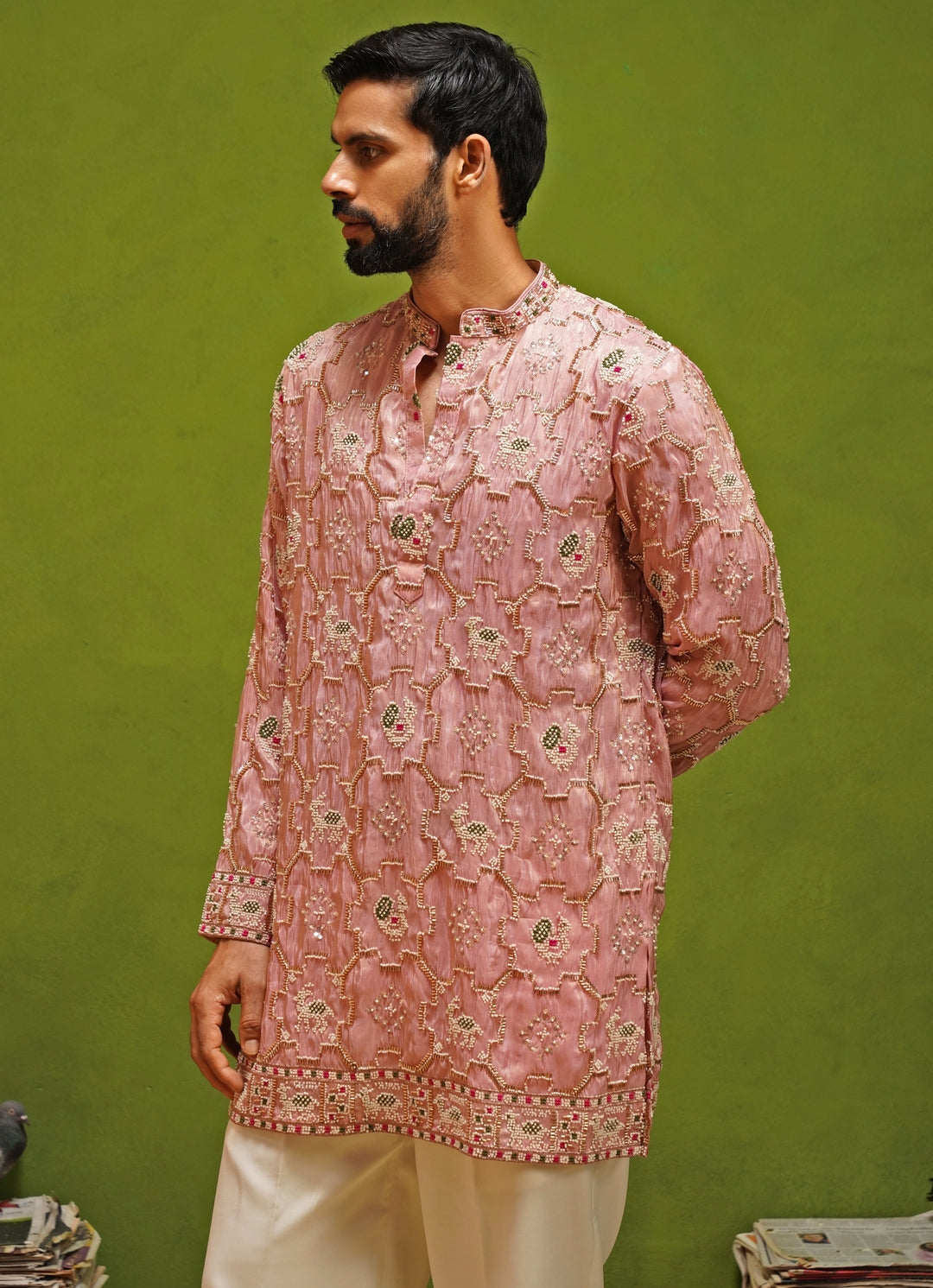 Pink Tissue Silk Short Kurta Pants Set