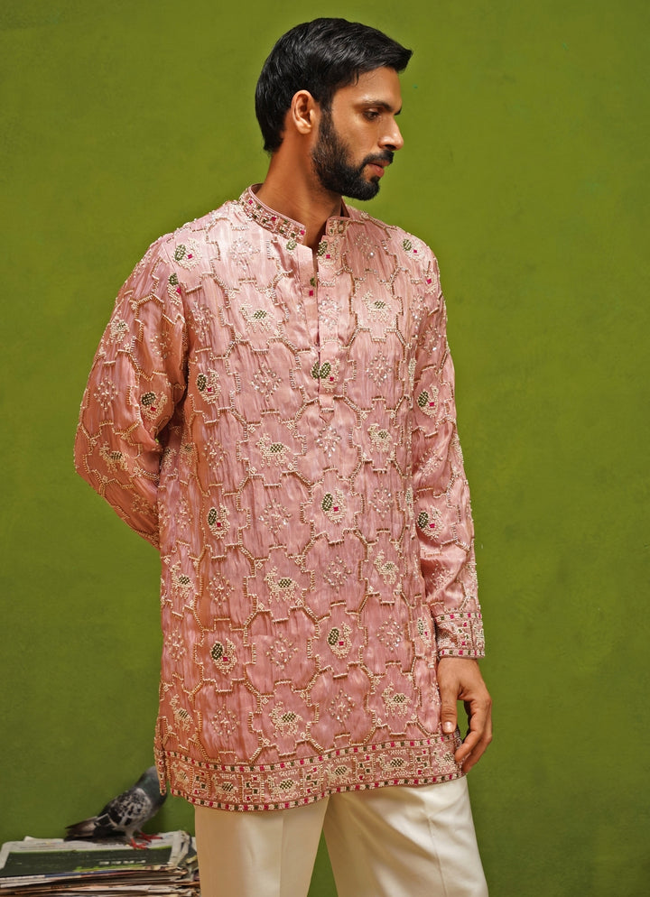 Pink Tissue Silk Short Kurta Pants Set