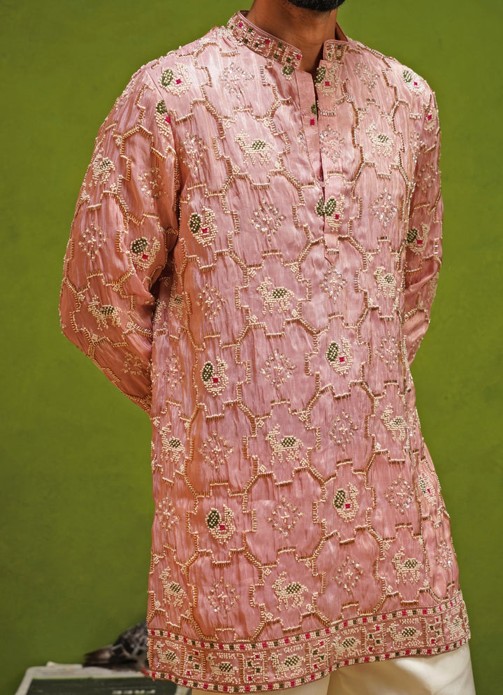 Pink Tissue Silk Short Kurta Pants Set