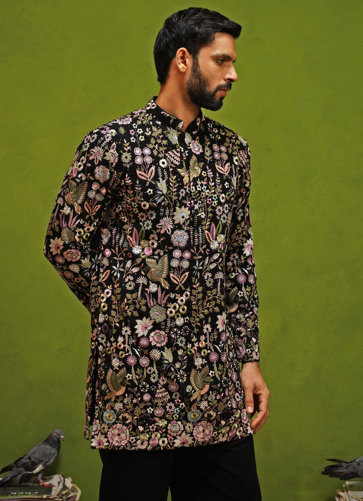 Black Floral Georgette Short Kurta Set