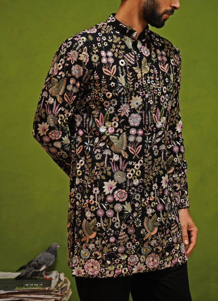 Black Floral Georgette Short Kurta Set
